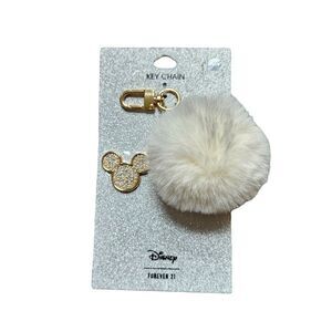Forever 21 x Disney Mickey Mouse Pom Pom Bling Key Chain Gold & White NWT